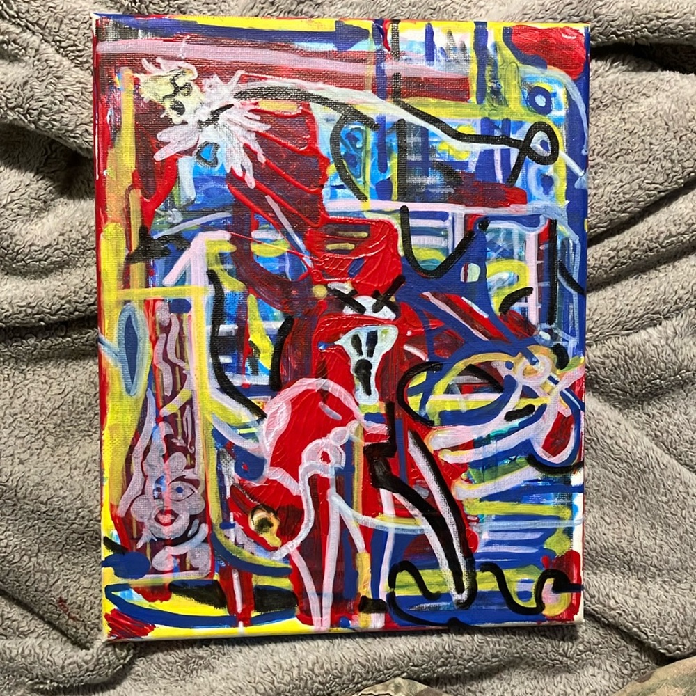 Original Abstract Acrylic painting signed by Artist. 8x10in on canvas.”Rabbit R”